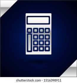 Silver Calculator icon isolated on dark blue background. Accounting symbol. Business calculations mathematics education and finance.  Vector Illustration