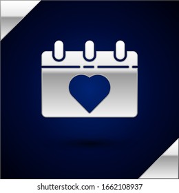 Silver Calendar with 8 March icon isolated on dark blue background. International Happy Women Day.  Vector Illustration