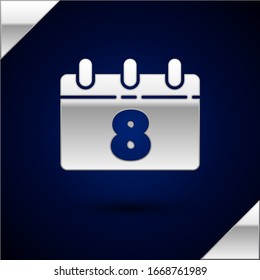 Silver Calendar with 8 March icon isolated on dark blue background. International Happy Women Day.  Vector Illustration