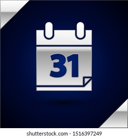 Silver Calendar with Halloween date 31 october icon isolated on dark blue background. Happy Halloween party.  Vector Illustration