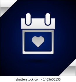 Silver Calendar with heart icon isolated on dark blue background. Valentines day. Love symbol. February 14.  Vector Illustration