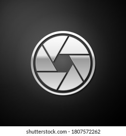 Silver Camera shutter icon isolated on black background. Long shadow style. Vector.