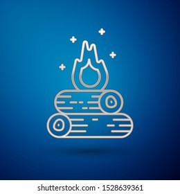 Silver Campfire icon isolated on blue background. Burning bonfire with wood.  Vector Illustration