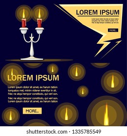 Silver candelabrum with burning red candle. Flat vector illustration on dark blue background. Home decor furniture. Candelabra with two branches. Place for text.