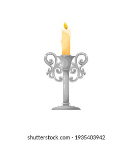 Silver candlestick with bright burning candle isolated realistic icon. Vector vintage ornamental metal holder, paraffin wax candle with flame. Christmas and wedding decoration, illumination object