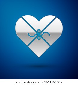 Silver Candy in heart shaped box and bow icon isolated on blue background. Valentines Day.  Vector Illustration