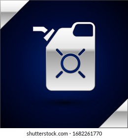 Silver Canister for motor machine oil icon isolated on dark blue background. Oil gallon. Oil change service and repair. Engine oil sign.  Vector Illustration