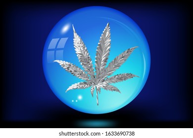 Silver Cannabis leaf (Marijuana) made of glass crystals in crystal ball on black background, Low Poly style vector illustration. EPS10/ILLUSTRATION