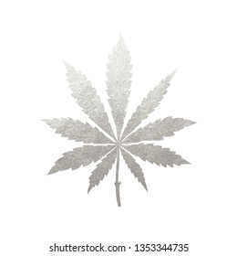 Silver cannabis leaf vector - metallic golden paint foil silhuette of marijuana indica leaf on black background, yellow shiny weed sign