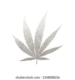 Silver cannabis leaf vector - metallic silver paint foil silhuette of marijuana indica leaf on white background, gray shiny weed sign
