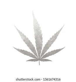 Silver cannabis leaf vector - metallic silver paint foil silhuette of marijuana indica leaf on white background, iron shiny medical weed sign
