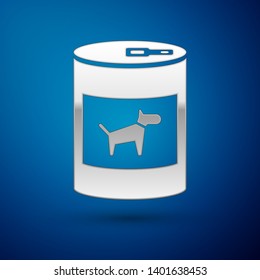 Silver Canned food for dog icon isolated on blue background. Food for animals. Pet dog food can. Vector Illustration