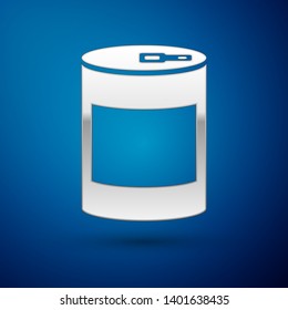 Silver Canned food icon isolated on blue background. Food for animals. Pet food can. Vector Illustration