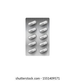 Silver capsule pill blister pack isolated on white background, realistic medicine packaging mockup with grey and white capsules inside - vector illustration