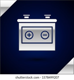 Silver Car battery icon isolated on dark blue background. Accumulator battery energy power and electricity accumulator battery.  Vector Illustration