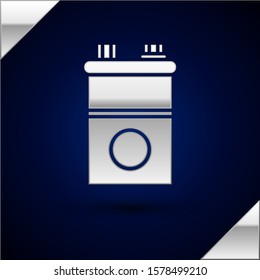 Silver Car battery icon isolated on dark blue background. Accumulator battery energy power and electricity accumulator battery.  Vector Illustration