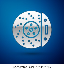 Silver Car brake disk with caliper icon isolated on blue background.  Vector Illustration
