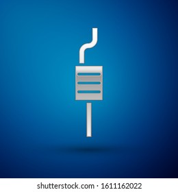 Silver Car muffler icon isolated on blue background. Exhaust pipe.  Vector Illustration