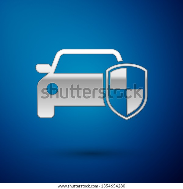 Silver Car protection or\
insurance icon isolated on blue background. Protect car guard\
shield. Safety badge vehicle icon. Security auto label. Vector\
Illustration