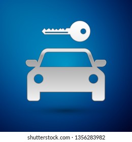 Silver Car rental icon isolated on blue background. Rent a car sign. Key with car. Concept for automobile repair service, spare parts store. Vector Illustration