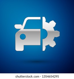 Silver Car service icon isolated on blue background. Auto mechanic service. Mechanic service. Repair service auto mechanic. Maintenance sign. Vector Illustration