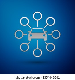 Silver Car sharing icon isolated on blue background. Carsharing sign. Transport renting service concept. Vector Illustration