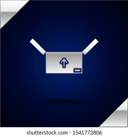 Silver Cardboard box with traffic symbol icon isolated on dark blue background. Box, package, parcel sign. Delivery, transportation and shipping.  Vector Illustration