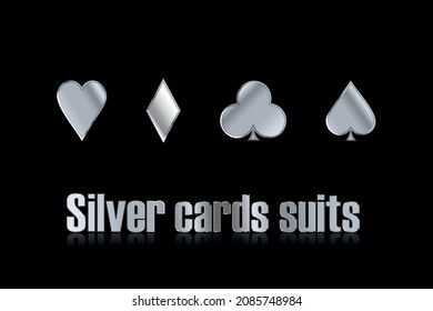 Silver cards suits. Casino background. Playing cards. Online cards games. Spades, diamonds, hearts, clubs.