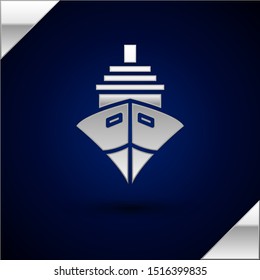 Silver Cargo ship icon isolated on dark blue background.  Vector Illustration