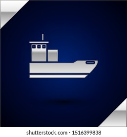 Silver Cargo ship icon isolated on dark blue background.  Vector Illustration