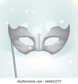 Silver carnival mask with feathers. Beautiful concept design with hand drawn lettering for poster, greeting card, party invitation, banner or flyer. Vector Illustration.