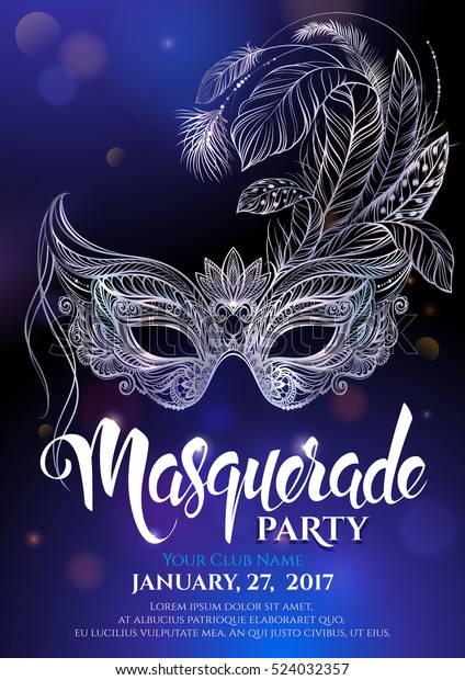 Silver carnival mask with\
feathers. Beautiful concept design with hand drawn lettering for\
poster, greeting card, party invitation, banner or flyer. Vector\
Illustration. 