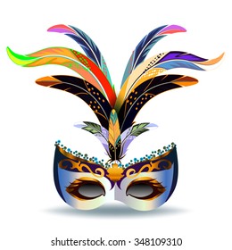 The silver carnival mask with multicolor feathers. The mask decorated with golden pattern.