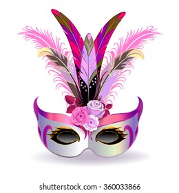 The silver carnival mask with multicolor feathers. The mask decorated with pink pattern and pink roses.