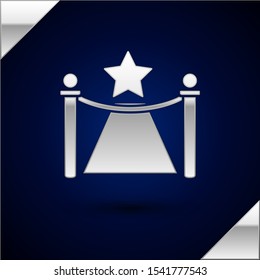 Silver Carpet with barriers and star icon isolated on dark blue background. VIP event, luxury celebration. Celebrity party entrance.  Vector Illustration