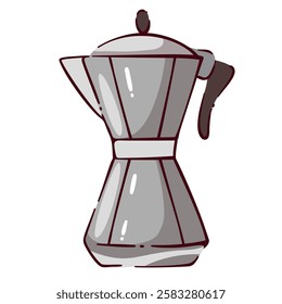 Silver cartoon moka pot for coffee brewing. Funny retro Italian coffeemaker for home and restaurant. Kitchen equipment mascot, cartoon cute coffeepot to make hot drink on gas stove vector illustration