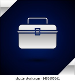 Silver Case or box container for wobbler and gear fishing equipment icon isolated on dark blue background. Fishing tackle.  Vector Illustration