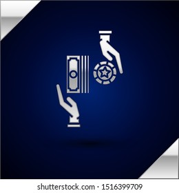 Silver Casino chips exchange on stacks of dollars icon isolated on dark blue background.  Vector Illustration