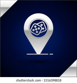 Silver Casino location icon isolated on dark blue background. Game dice icon.  Vector Illustration