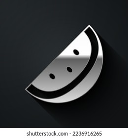 Silver Casino slot machine with watermelon symbol icon isolated on black background. Gambling games. Long shadow style. Vector