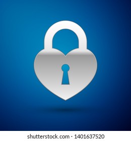 Silver Castle in the shape of a heart icon isolated on blue background. Locked Heart. Love symbol and keyhole sign. Vector Illustration