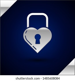 Silver Castle in the shape of a heart icon isolated on dark blue background. Locked Heart. Love symbol and keyhole sign.  Vector Illustration