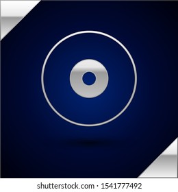 Silver CD or DVD disk icon isolated on dark blue background. Compact disc sign.  Vector Illustration
