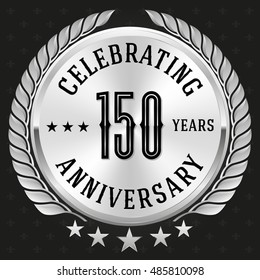 Silver celebrating 150 years badge, button on black background