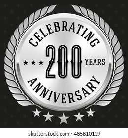 Silver celebrating 200 years badge, button on black background