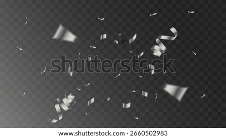 Silver celebration confetti streamer explosion falling on a transparent background for a festive party event.