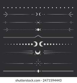 Silver celestial divider thin line border decoration. Collection tribal with moon, stars and arrows mystical separators. Modern ornament minimal set isolated on dark background.