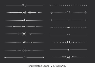 Silver celestial divider thin line border decoration. Collection tribal with moon, stars and arrows mystical separators. Modern ornament minimal set isolated on dark background.