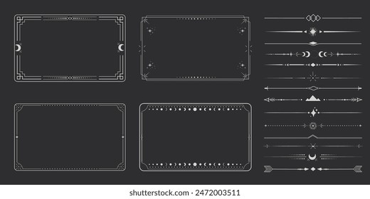 Silver celestial minimal esoteric frame, thin line border, divider mystyc linear decoration with dots, moon, stars corners isolated on dark background. Geometric shape, tarrot 