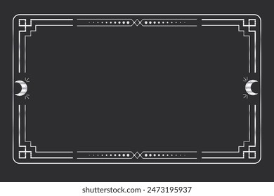 Silver celestial minimal esoteric frame, thin line border, mystyc linear decoration with dots, moon, stars corners isolated on dark background. Geometric shape, tarrot 